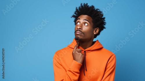 Portrait of a confused puzzled minded African American man in orange top isolated on blue background, with copy space