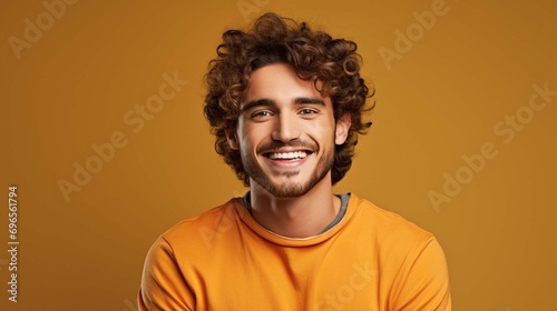 Portrait of handsome cheerful man with curly hair smiles toothily poses happy against brown background dressed casually isolated over brown background. Positive human emotions