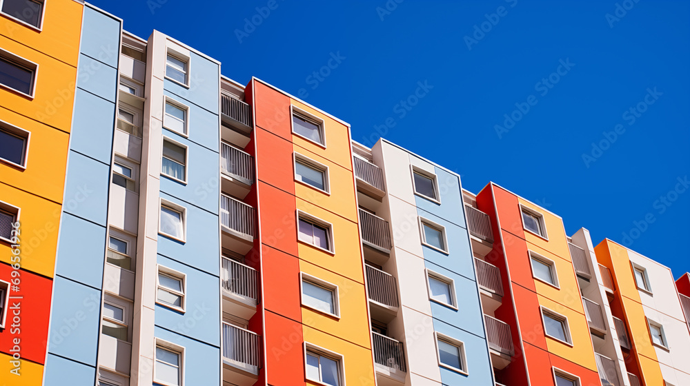 Modern Apartment Blocks with Colorful Balconies, Great for Urban Development, Housing, and Community Projects
