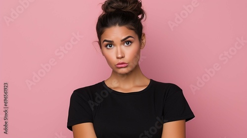 Serious displeased Latin woman with hair bun raises eyebrows looks attentively at camera purses lips has dimple on cheek dressed in casual black t shirt and jeans isolated over pink photo