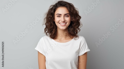 Waist up shot of pleasant looking woman with piercing in nose dressed in casual t shirt keeps arms down being in good mood isolated over white background. People and positive emotions photo