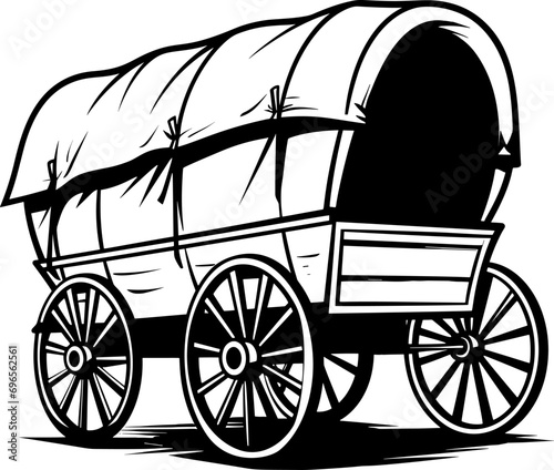 Wild west covered wagon black silhouette. Vector Western illustration isolated on white. AI generated illustration.