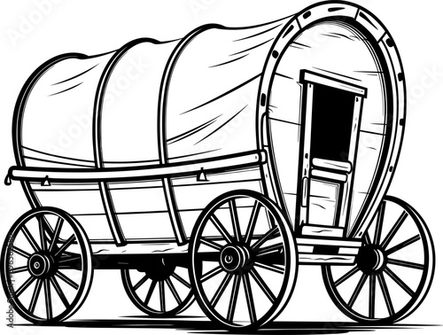 Wild west covered wagon black silhouette. Vector Western illustration isolated on white. AI generated illustration.