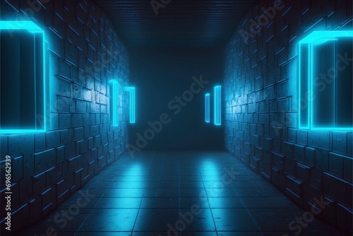 blue light empty tunnel dark black door hall, neon retro color, illuminated futuristic dark mystery corridor concrete walls endless