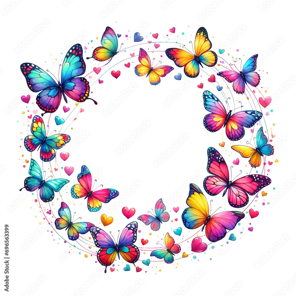 Colorful butterflies forming a circular frame with hearts