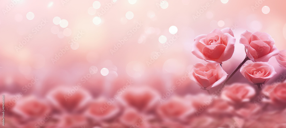 hermoso  arreglo floral romantico de rosas de color rosa sobre fondo rosa y dorado desenfocado con bokeh y espacio vacio. Concepto celebraciones, aniversarios, bodas, cumpleaños, dia de la madre - obrazy, fototapety, plakaty 