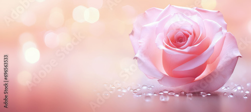 una rosa de color rosa sobre superficie con gotas de agua y fondo dorado desenfocado efecto bokeh