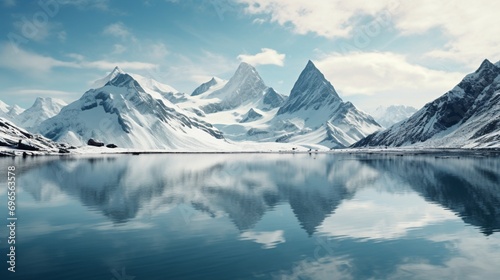 Majestic snow-capped mountains reflecting their pristine beauty onto a crystal-clear alpine lake