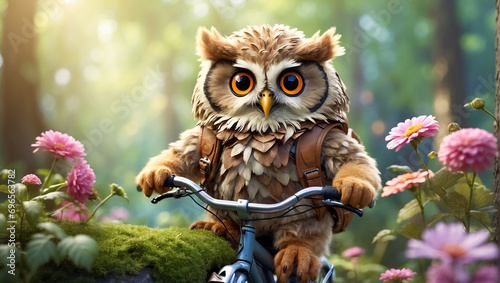 Cute cartoon owl on a bicycle in the summer park photo
