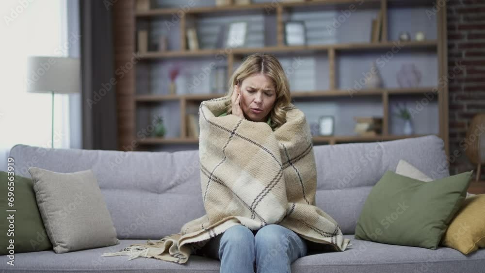 Mature woman is frozen at home and covers a blanket. It is cold in apartment flat or house. Heating does not work Covered female with plaid freezing feeling cold low temperature at home indoor Mature woman is frozen at home and covers a blanket. It is cold in apartment flat or house. Heating does not work Covered female with plaid freezing feeling cold low temperature at home indoor