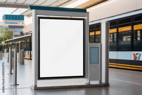 Blank advertising light box, empty poster, billboard on metro station. Template banner on blurred background city street for message or text.Generative AI