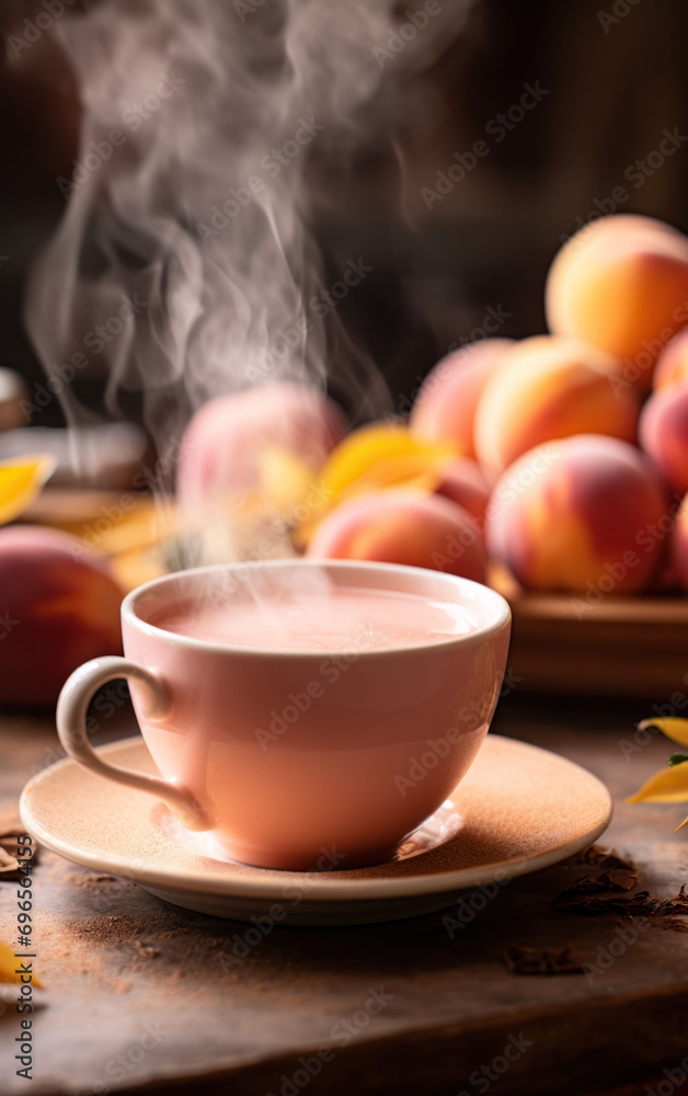 Steaming coffee cup on a rustic backdrop with fresh peaches, blending the aromas of rich brew with sweet fruit. Peach Fuzz Steaming coffee cup on a rustic backdrop with fresh peaches, blending the aromas of rich brew with sweet fruit. Peach Fuzz