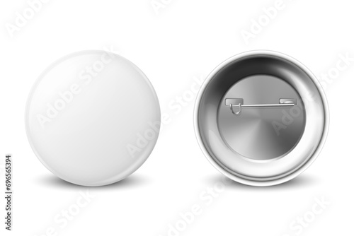 Vector 3d Realistic Blank White Round Button Badge Set Closeup Isolated on a White Background. Button Badge, Plastic or Metal ID Badge Design Template, Mockup. Front View