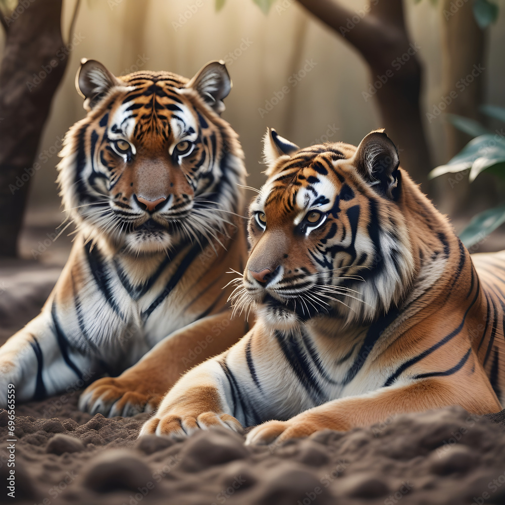 Two tigers lying on soil