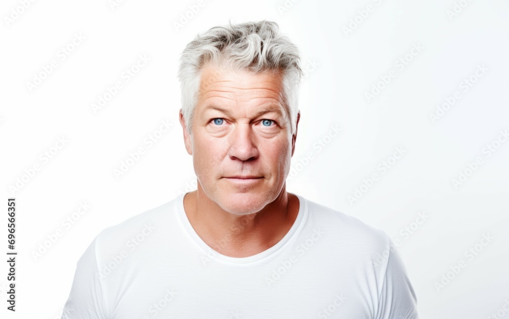 close up photo portrait of happy healthy active old age beautiful elderly senior model man with grey hair. Man looking at the camera wearing a white t shirt on a white background. Generative ai close up photo portrait of happy healthy active old age beautiful elderly senior model man with grey hair. Man looking at the camera wearing a white t shirt on a white background. Generative ai