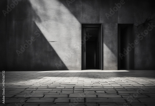 Monochrome abstract backdrop with tree shadow on nighttime pavement. Dark textured grunge backdrop of stone concrete. Sidewalk shadow play with light and dark elements.