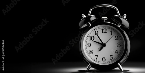 Mechanical alarm clock on black background, banner with space for your text