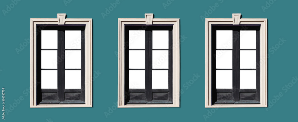 Obraz premium Row of windows. Spanish architecture background. Three windows frame isolated blue facade. Retro style window. Antique european street. Building facade. Empty copy space. Italian style balcony window.