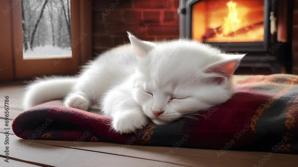 Cute Kitty sleeping on a blanket in front of the fire. Cute asleep Cat and snow falling in the background -4k Seamless Loop