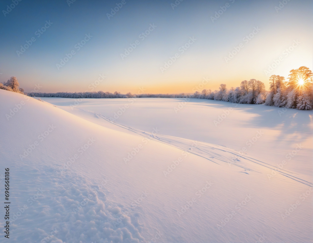 Snow-covered field in the sunset.