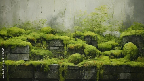  a painting of moss growing on rocks in a green area with a wall in the background and trees in the foreground.