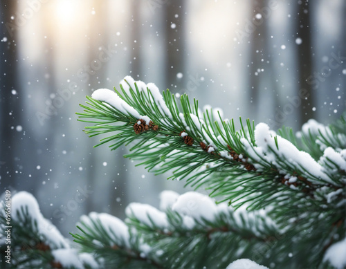 Close-up of Green Pine Branches on Blurry Forest Background  Snowing Christmas Scene