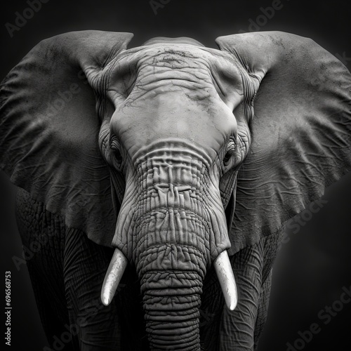 A elephant face in black and white 