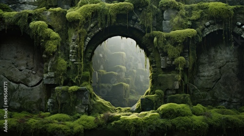  a cave with moss growing on the walls and a round hole in the middle of the cave with moss growing on the walls and a round hole in the middle of the cave.