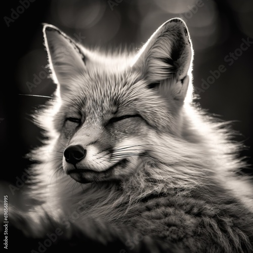 A fox in black and white closed eyes