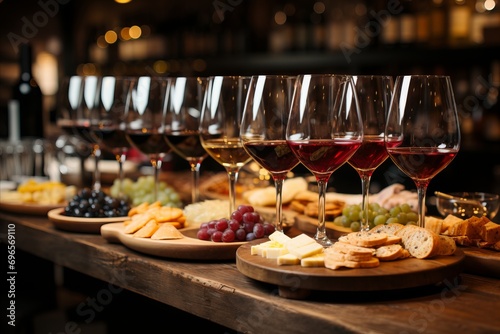 Wine Selection and Wine Tasting with a variety of Snacks Paired with Beverages in a wine cellar