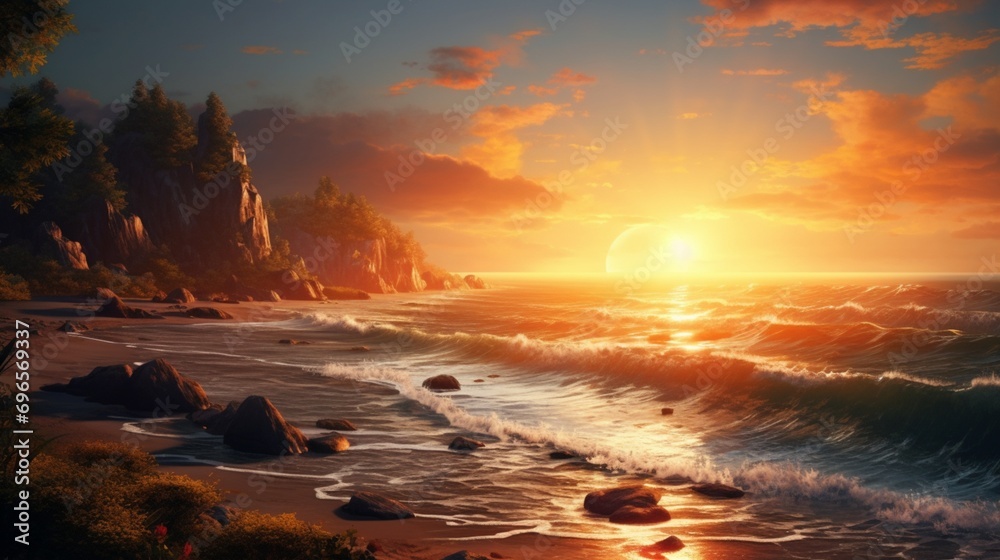 Tranquil coastal scene with the sun dipping below the ocean's edge, casting a golden glow.