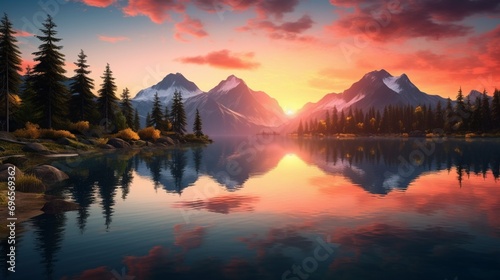 Tranquil lake reflecting the brilliant colors of the setting sun, creating a serene panorama.