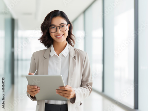 Wizerunek młodej Azjatki, pracownika firmy w okularach, uśmiechniętej i trzymającej tablet cyfrowy, stojącej na białym tle