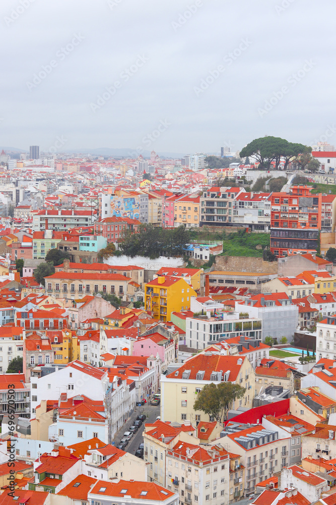 Aerial view of historical houses with red roofs, Lisbon, Portugal. Amalfa district.