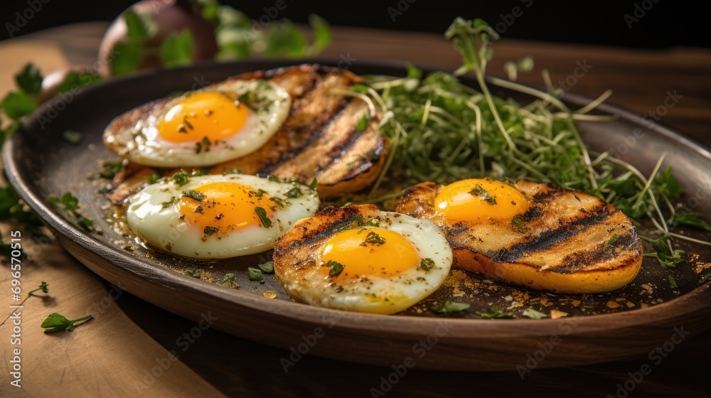 a close up of a plate of food with eggs on top of a bed of greens on a wooden table. a close up of a plate of food with eggs on top of a bed of greens on a wooden table.