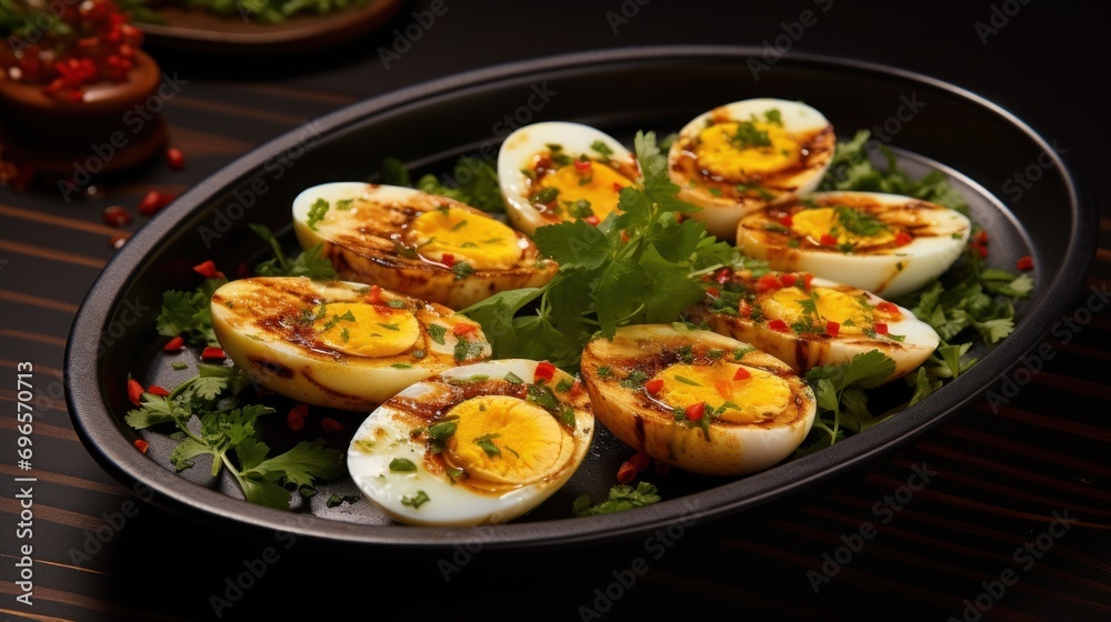 a plate of deviled eggs on a bed of lettuce and garnished with garnishes. a plate of deviled eggs on a bed of lettuce and garnished with garnishes.