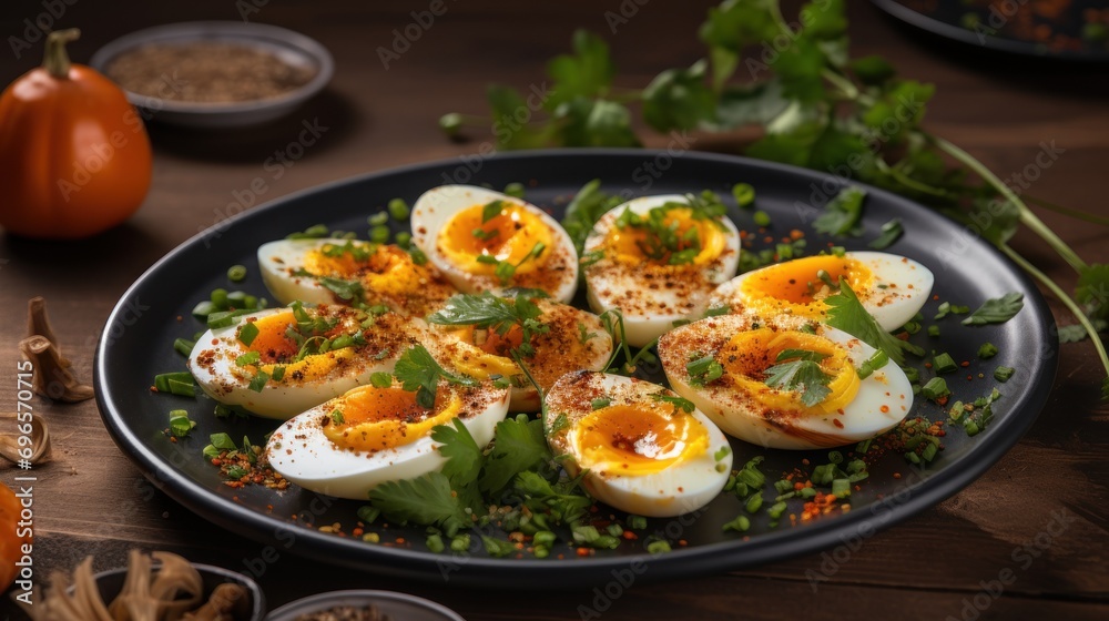 a black plate topped with hard boiled eggs and garnished with herbs and seasoning on top of a wooden table. a black plate topped with hard boiled eggs and garnished with herbs and seasoning on top of a wooden table.