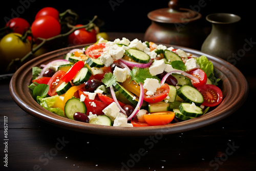 A fresh Greek salad with crisp vegetables and feta cheese. 8k,