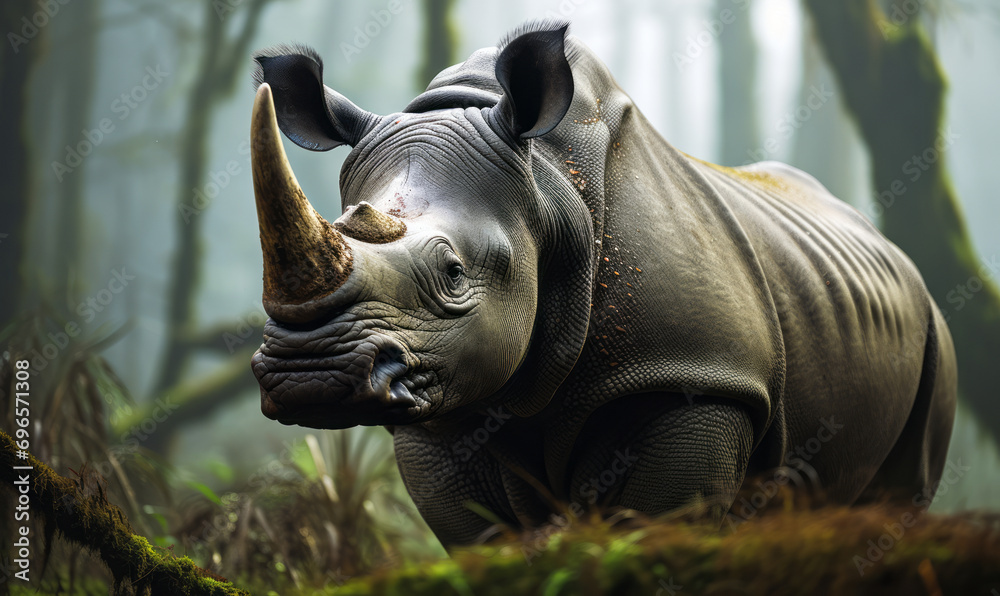 Majestic Rhinoceros Posing in a Misty Forest, a Symbol of Wilderness and Conservation Majestic Rhinoceros Posing in a Misty Forest, a Symbol of Wilderness and Conservation