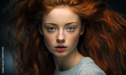 Serene Redheaded Young Girl with Flowing Hair and Piercing Blue Eyes