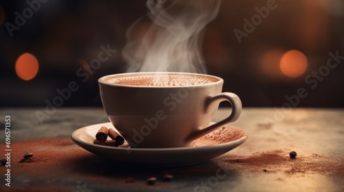  a cup of coffee on a saucer with steam rising out of the top and a saucer on a saucer on a table.