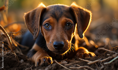 Inquisitive Dachshund puppy with soulful eyes lying down on a garden path during golden hour, exuding charm and warmth © Bartek