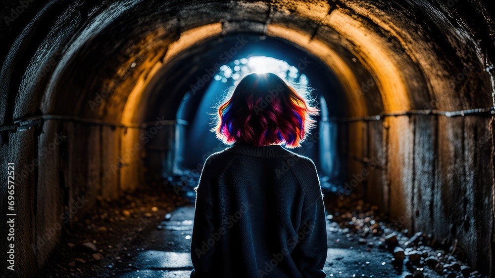 A girl walks through a tunnel. Traveling underground. A young woman is walking through the tunnel. A girl walks through a tunnel. Traveling underground. A young woman is walking through the tunnel.