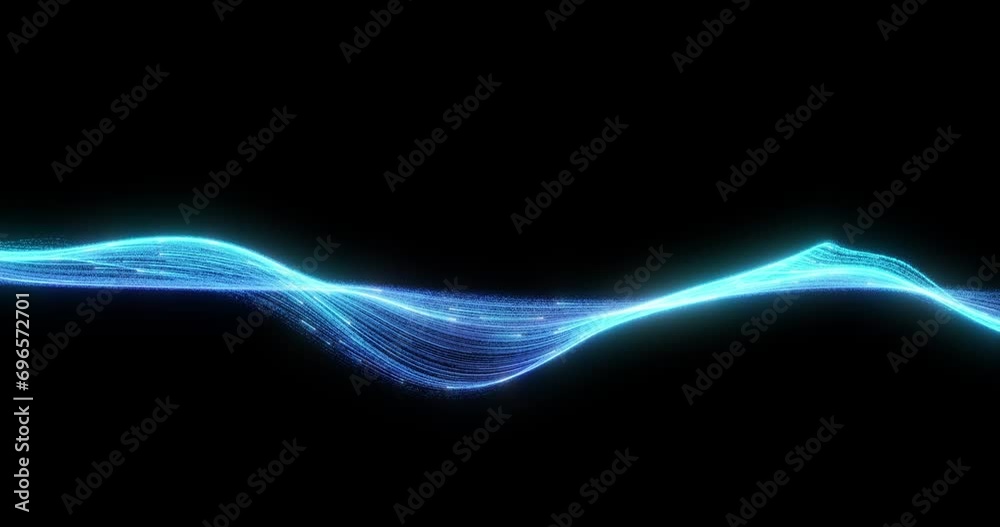  line of shimmering blue particles flows in a continuous wave, representing data streaming in a high-tech environment, isolated on black for a seamless loop. 3D render