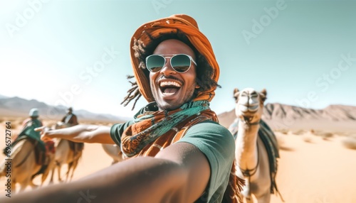 Happy tourist having fun enjoying group camel ride tour in the desert, Travel, life style, vacation activities and adventure.