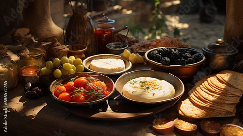A Turkish breakfast spread with olives, cheese, and bread, in a traditional setting. 8k,