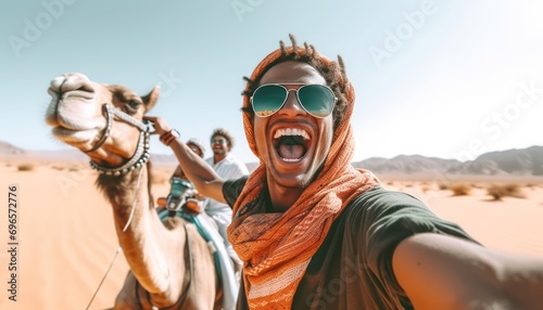Happy tourist having fun enjoying group camel ride tour in the desert, Travel, life style, vacation activities and adventure.