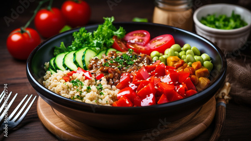 A vegan Buddha bowl with colorful vegetables and grains, in a ceramic bowl. 8k,