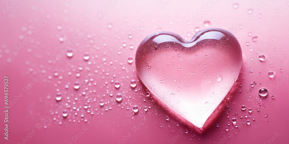 Clear glossy heart with water drops on pink background, valentine’s day wallpaper, banner