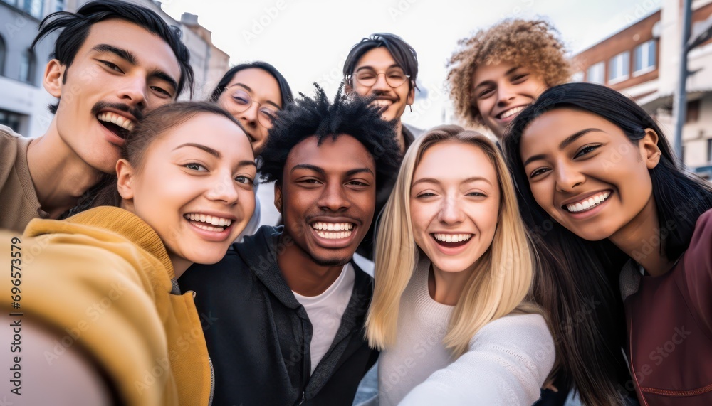 Multicultural happy friends having fun taking group selfie portrait on city street , Multiracial young people celebrating laughing together outdoors , Happy lifestyle concept. Multicultural happy friends having fun taking group selfie portrait on city street , Multiracial young people celebrating laughing together outdoors , Happy lifestyle concept.